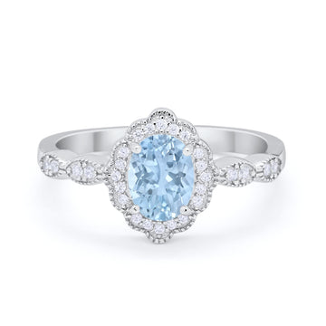 Halo Art Deco Oval Engagement Bridal Ring Simulated Aquamarine CZ 925 Sterling Silver